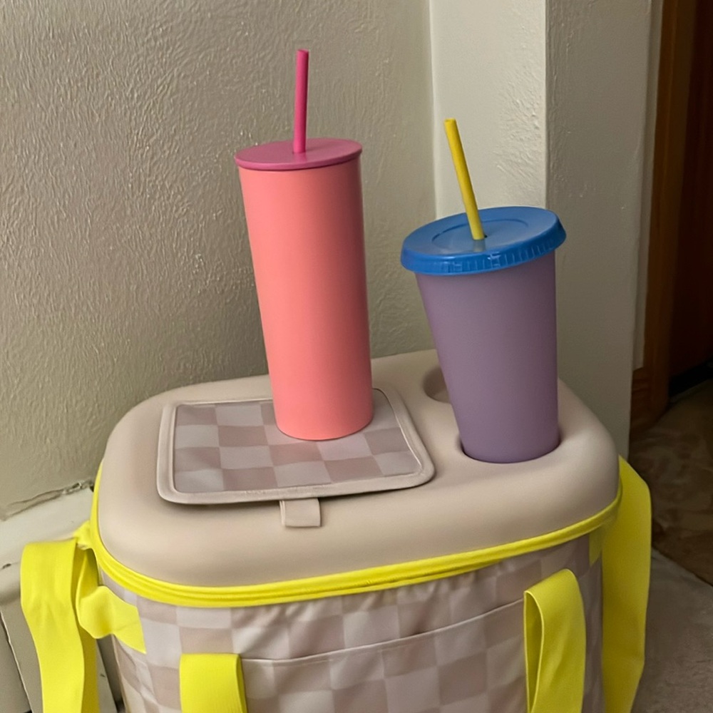 Pink Tumbler with Yellow Handle Cooler